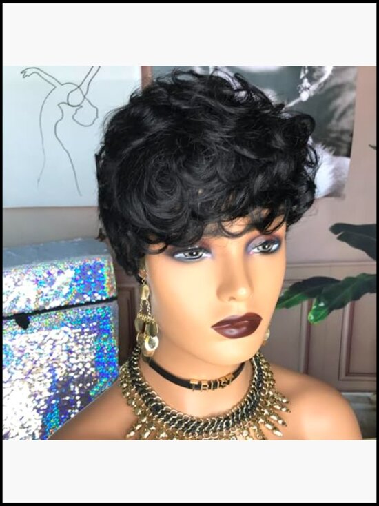 100% Human Hair Short Curly Pixie Cut Wig Glueless Breathable Medium Cap Daily main image 5